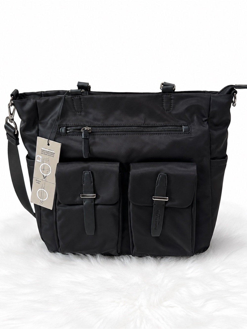 Kenneth Cole Black Nylon Crossbody Tote Bag with Front Pockets